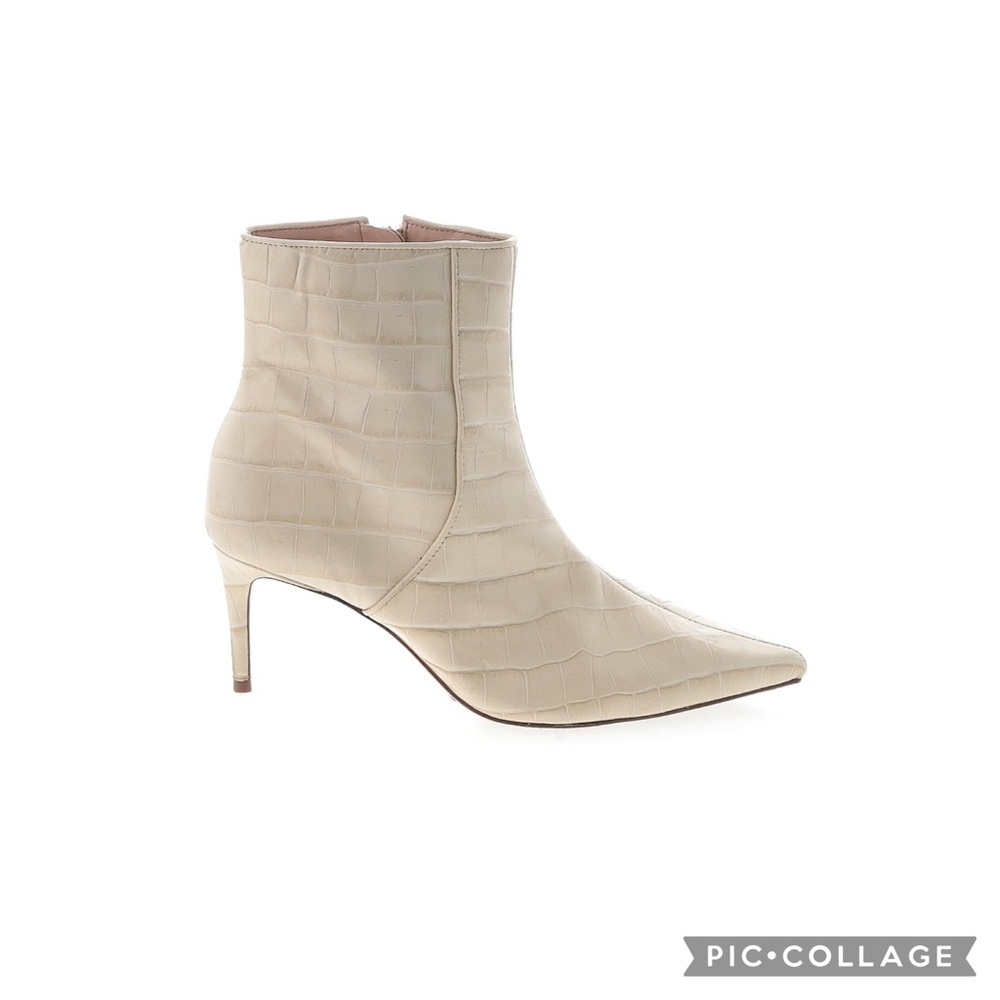 SCHUTZ Cream Croc Embossed Heeled Boots with Pointed Toe